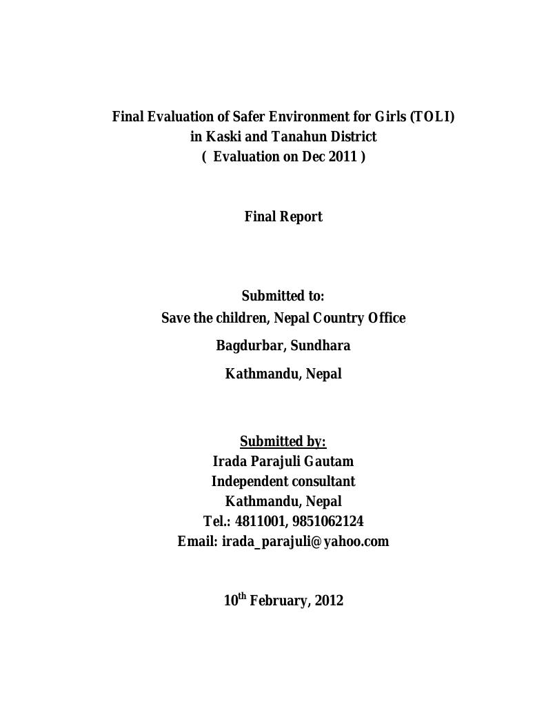 Forsiden av dokumentet Final Evaluation of Safer Environment for Girls (TOLI) in Kaski and Tanahun District
