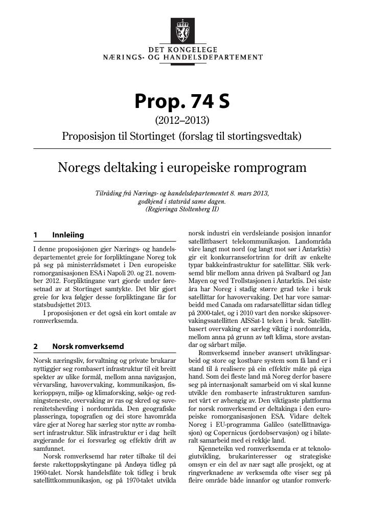 Forsiden av dokumentet Prop. 74 S  (2012–2013)