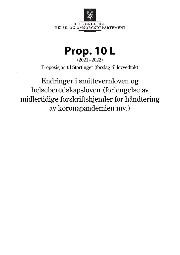 Forsiden av dokumentet Prop. 10 L (2021–2022)