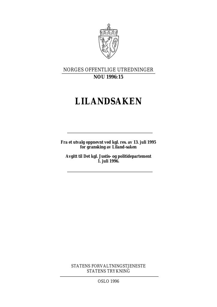 Forsiden av dokumentet NOU 1996: 15 - LILANDSAKEN