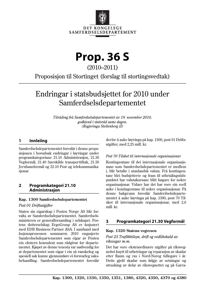 Forsiden av dokumentet Prop. 36 S (2010–2011)