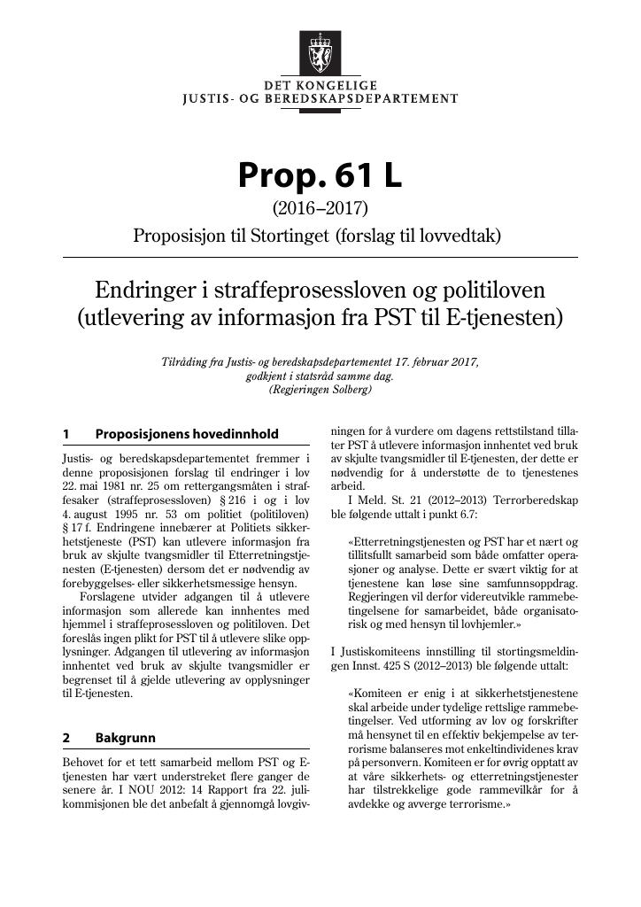 Forsiden av dokumentet Prop. 61 L (2016–2017)