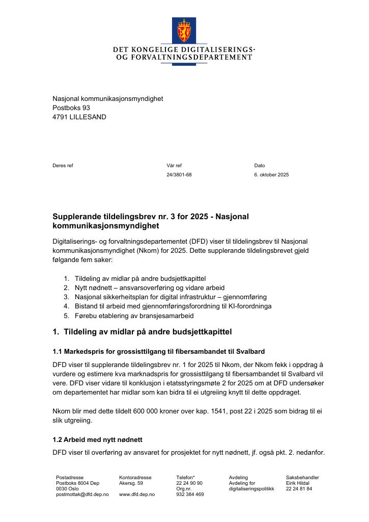 Forsiden av dokumentet Tildelingsbrev Nasjonal kommunikasjonsmyndighet 2025 - tillegg nr. 3
