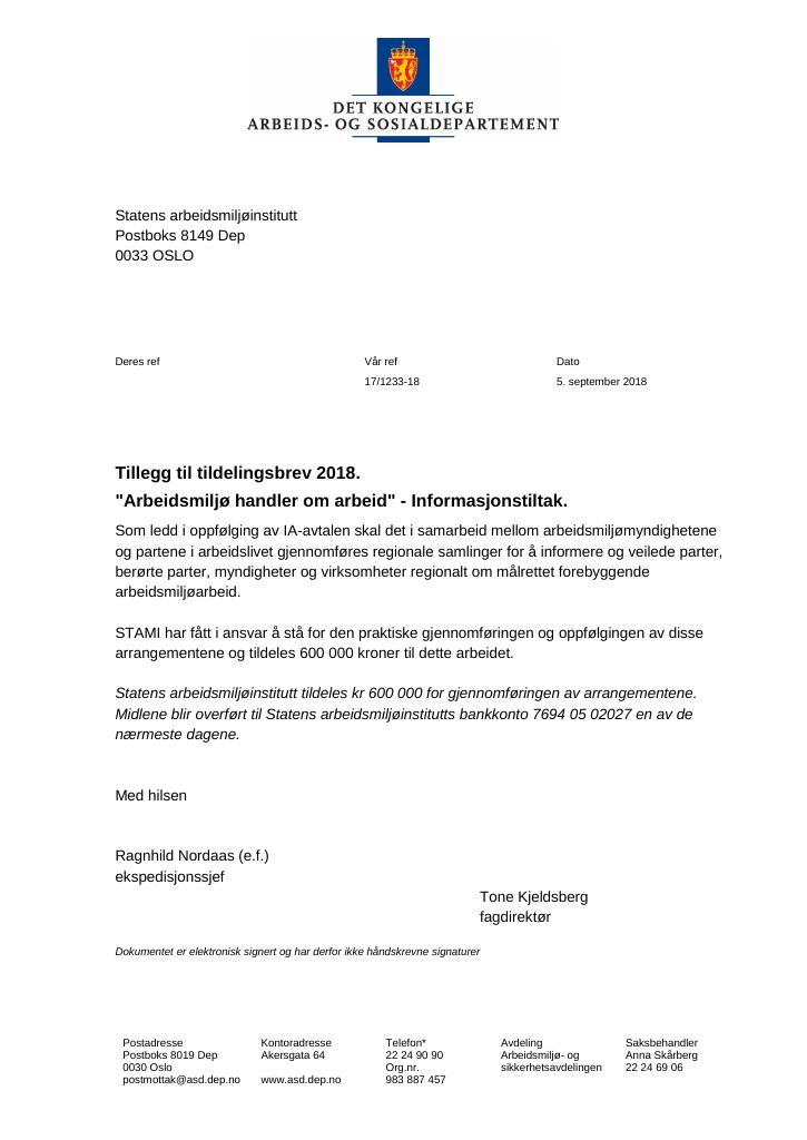 Forsiden av dokumentet Tildelingsbrev Statens arbeidsmiljøinstitutt (STAMI) 2018 - tillegg nr. 1