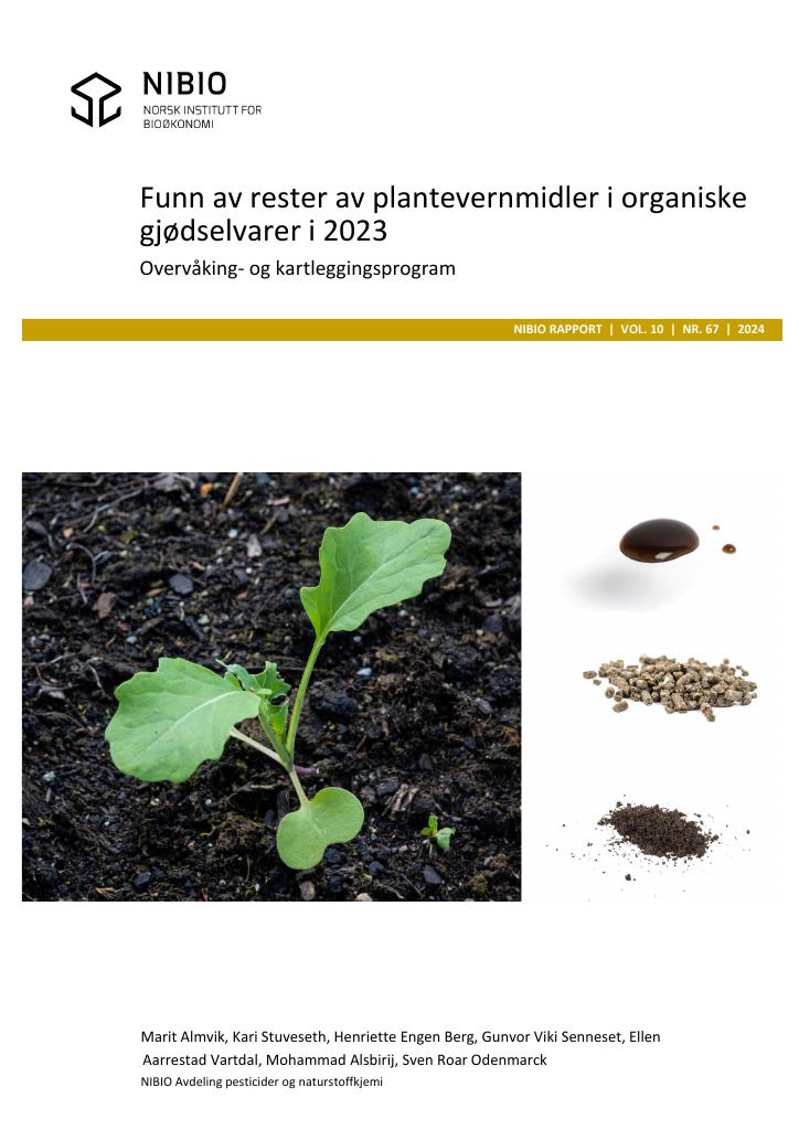 Forsiden av dokumentet Funn av rester av plantevernmidler i organiske gjødselvarer i 2023 - Overvåking- og kartleggingsprogram
