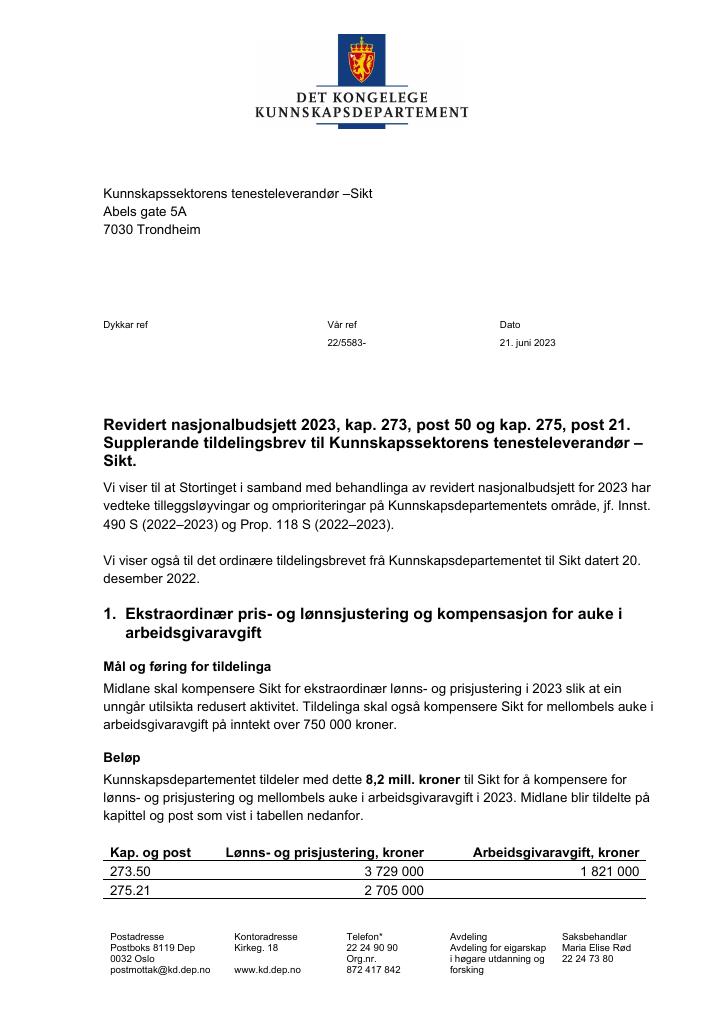 Forsiden av dokumentet Supplerende tildelingsbrev 2023