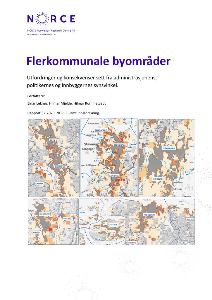 Forsiden av dokumentet Flerkommunale byområder - Utfordringer og konsekvenser sett fra administrasjonens, politikernes og innbyggernes synsvinkel