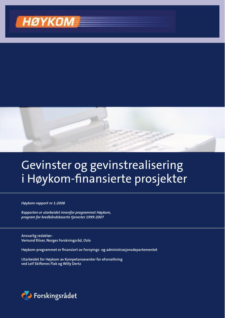 Forsiden av dokumentet Gevinster og gevinstrealisering i Høykom-finansierte prosjekter