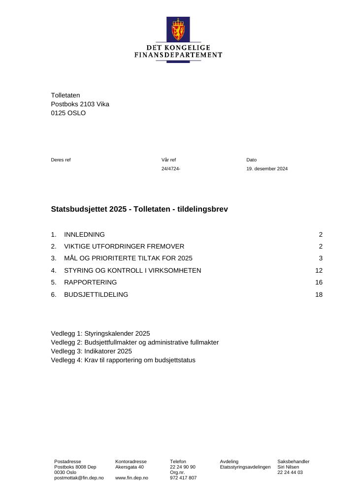 Forsiden av dokumentet Tildelingsbrev Tolletaten 2025