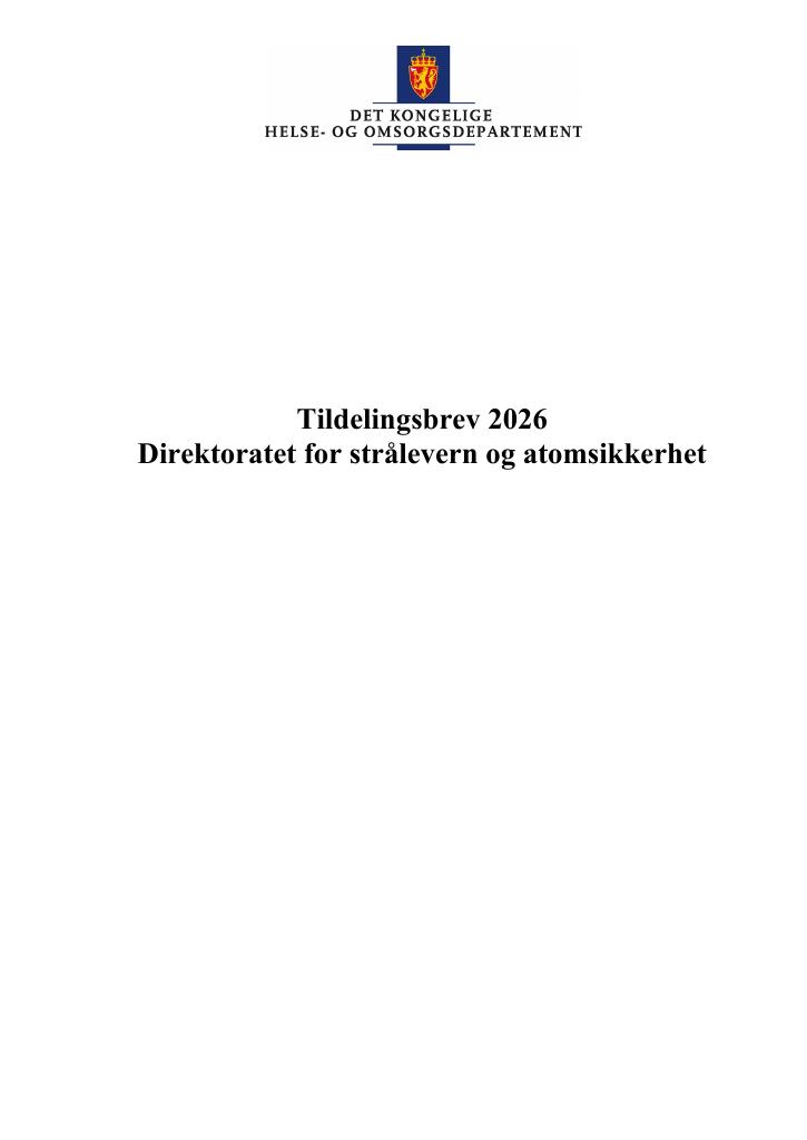 Forsiden av dokumentet Tildelingsbrev Direktoratet for strålevern og atomsikkerhet 2026