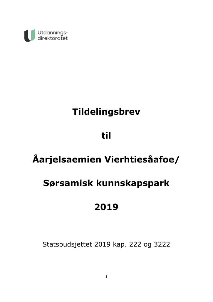 Forsiden av dokumentet Tildelingsbrev Sørsamisk kunnskapspark 2019