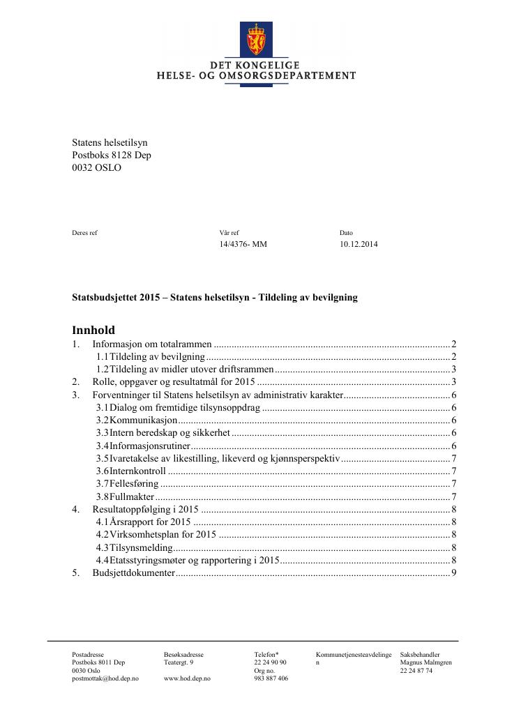 Forsiden av dokumentet Tildelingsbrev (pdf)