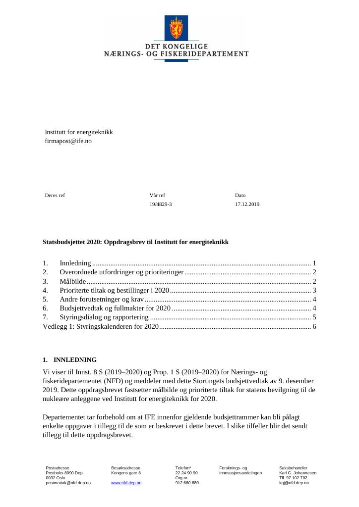 Forsiden av dokumentet Statsbudsjettet 2020: Oppdragsbrev Institutt for energiteknikk