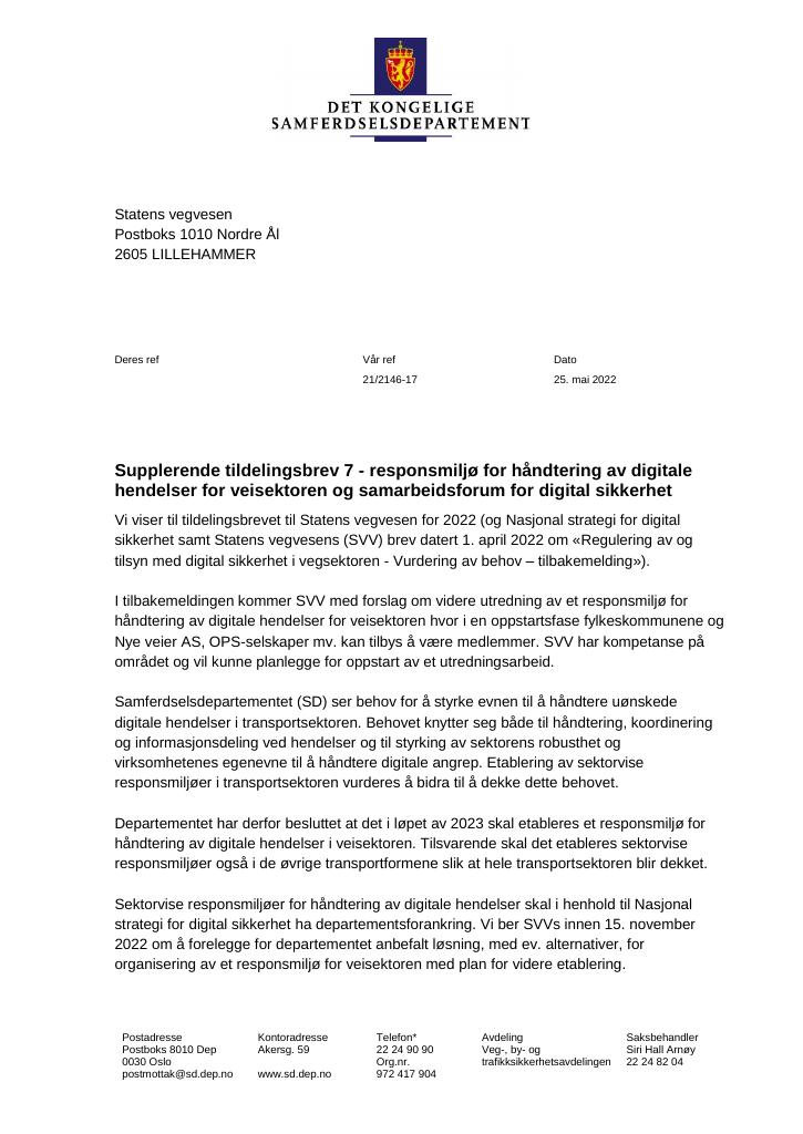 Tildelingsbrev Statens Vegvesen 2022 - Tillegg Nr. 7 - Kudos