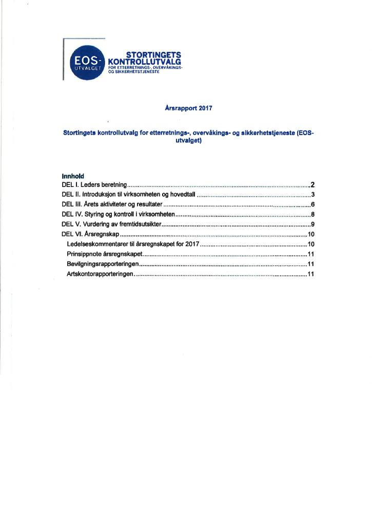 Forsiden av dokumentet Årsrapport EOS-utvalget 2017