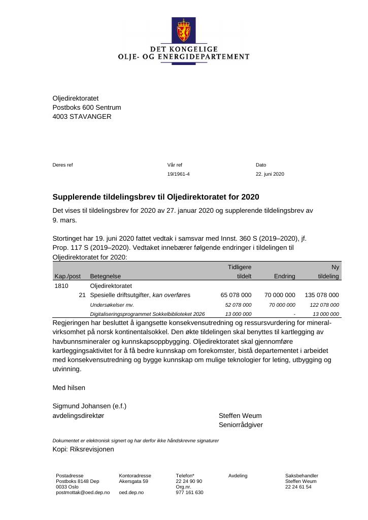 Forsiden av dokumentet Supplerende tildelingsbrev Oljedirektoratet 2020