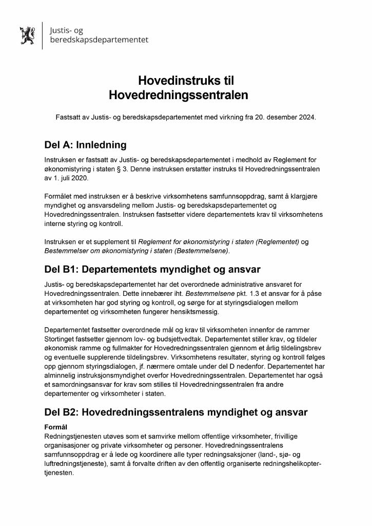 Forsiden av dokumentet Hovedinstruks Hovedredningssentralen 2025