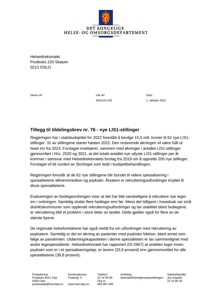 Forsiden av dokumentet Tildelingsbrev Helsedirektoratet 2021 - tillegg nr. 76