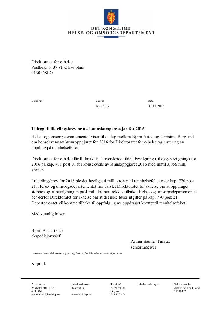 Forsiden av dokumentet Tildelingsbrev Direktoratet for e-helse 2022 - tillegg nr. 6