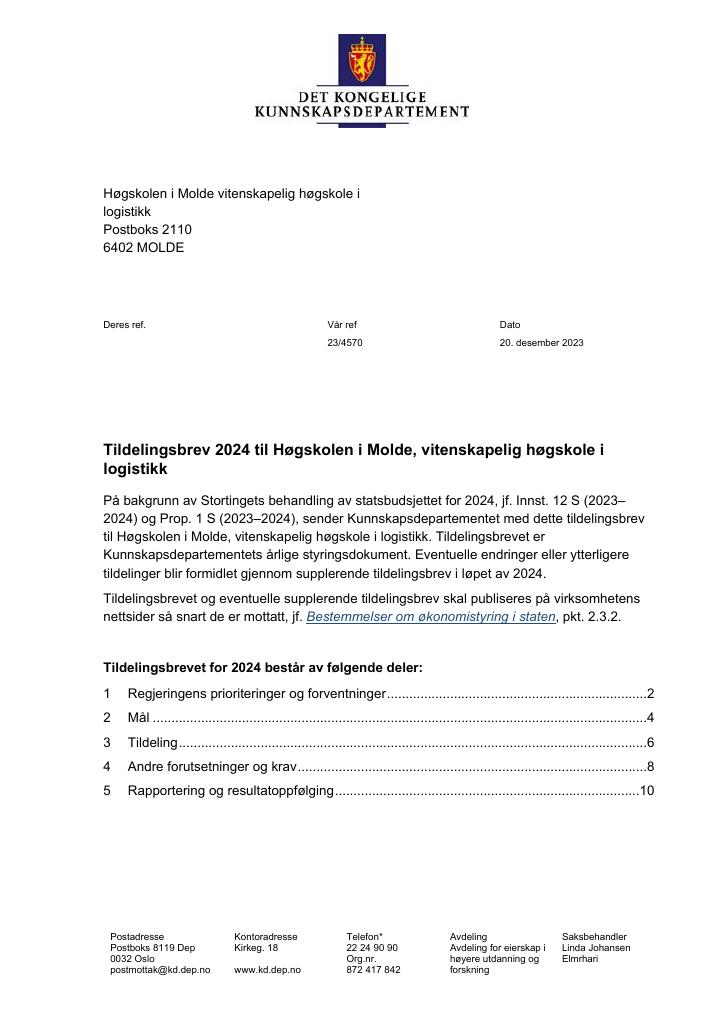 Forsiden av dokumentet Tildelingsbrev Høgskolen i Molde 2024