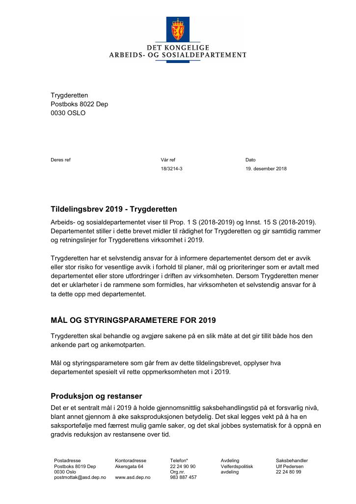 Forsiden av dokumentet Tildelingsbrev Trygderetten 2019