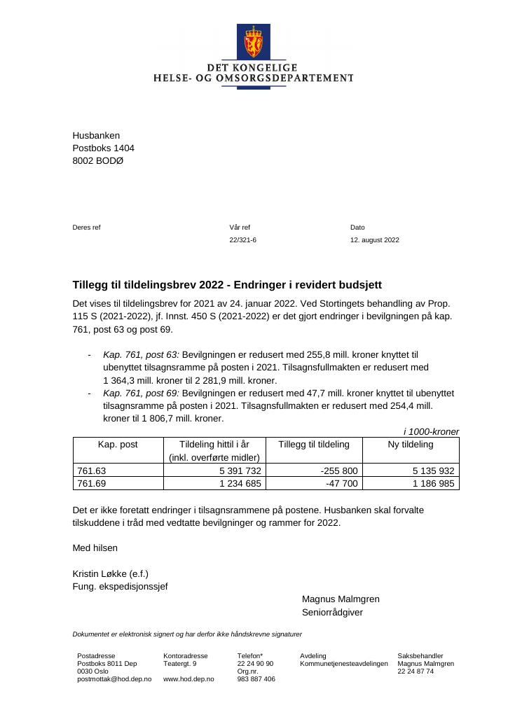 Tildelingsbrev Husbanken 2022 - Tillegg - Kudos