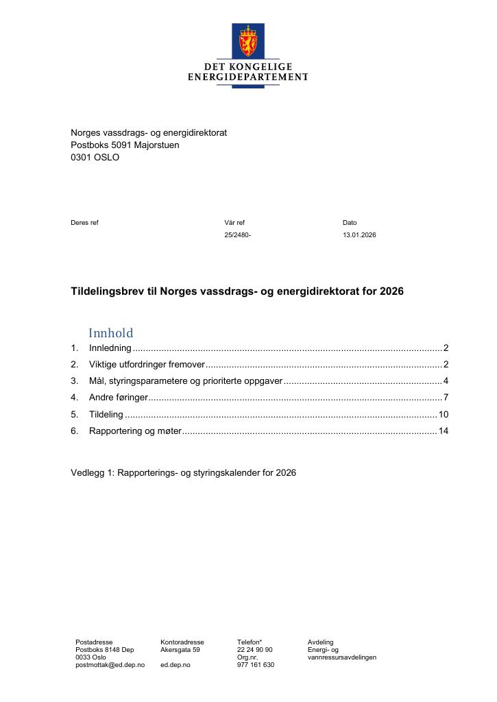 Forsiden av dokumentet Tildelingsbrev Norges vassdrags- og energidirektorat 2026