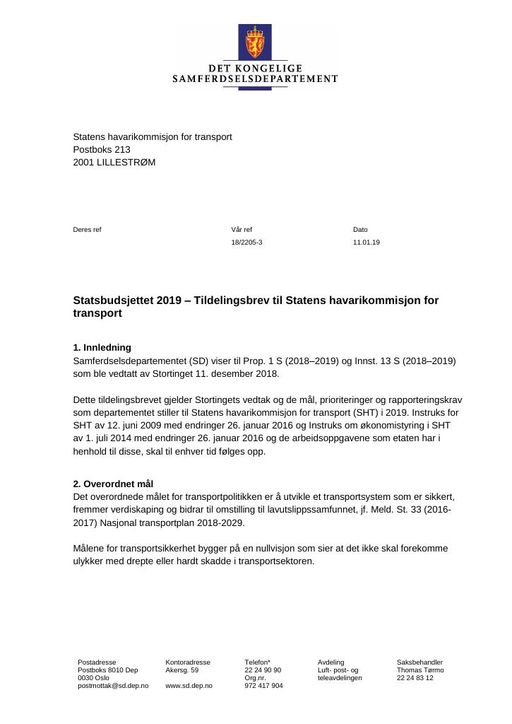 Forsiden av dokumentet Tildelingsbrev Statens havarikommisjon for transport 2019