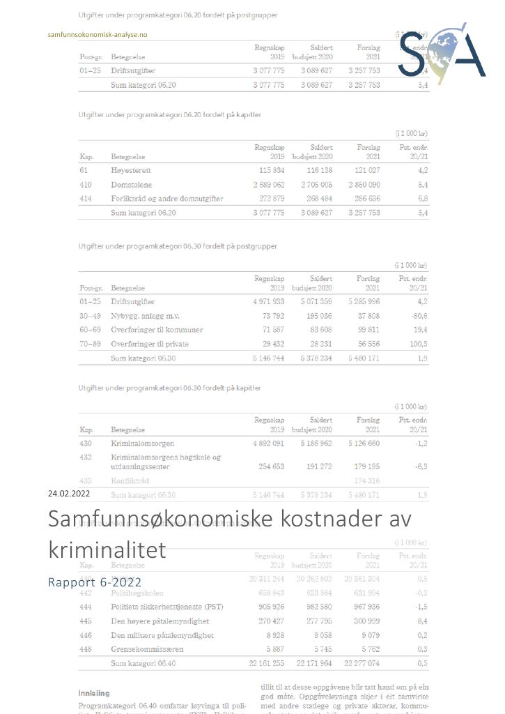 Forsiden av dokumentet Samfunnsøkonomiske kostnader av kriminalitet