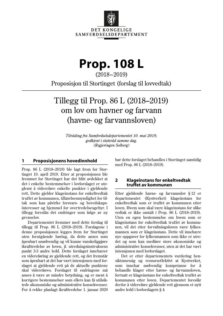 Forsiden av dokumentet Prop. 108 L (2018–2019)