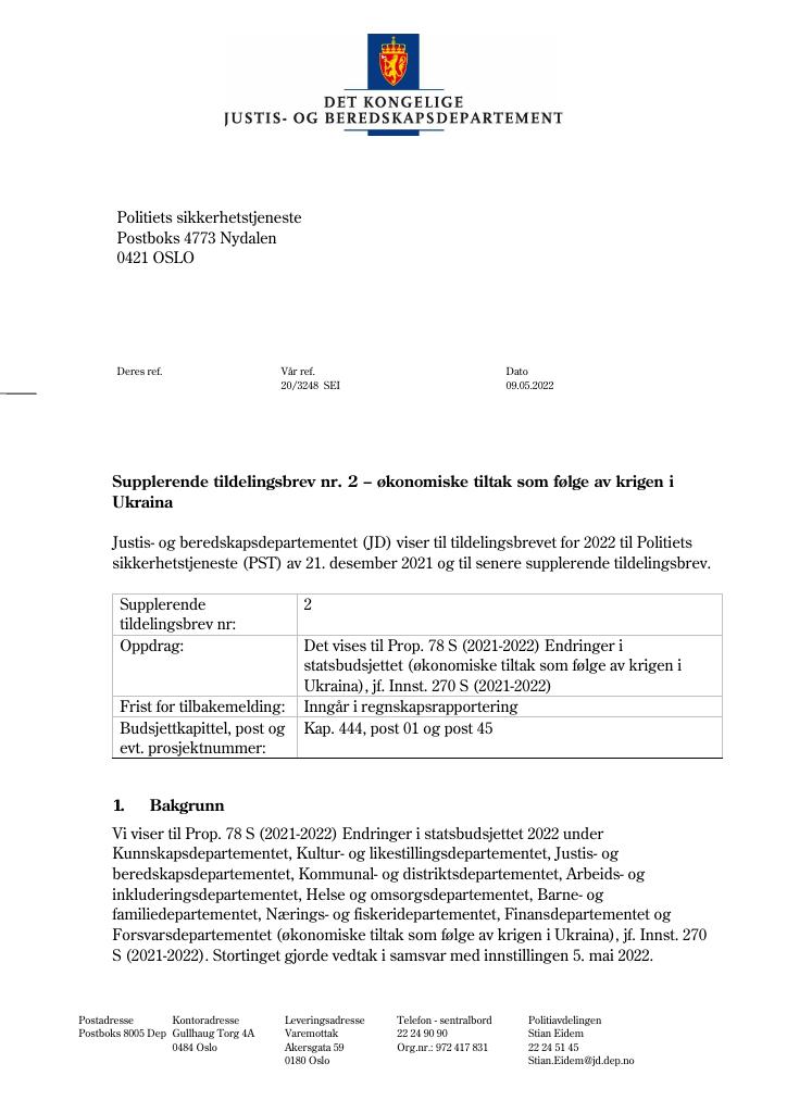 Forsiden av dokumentet Tildelingsbrev Politiets sikkerhetstjeneste 2022 - tillegg nr. 2