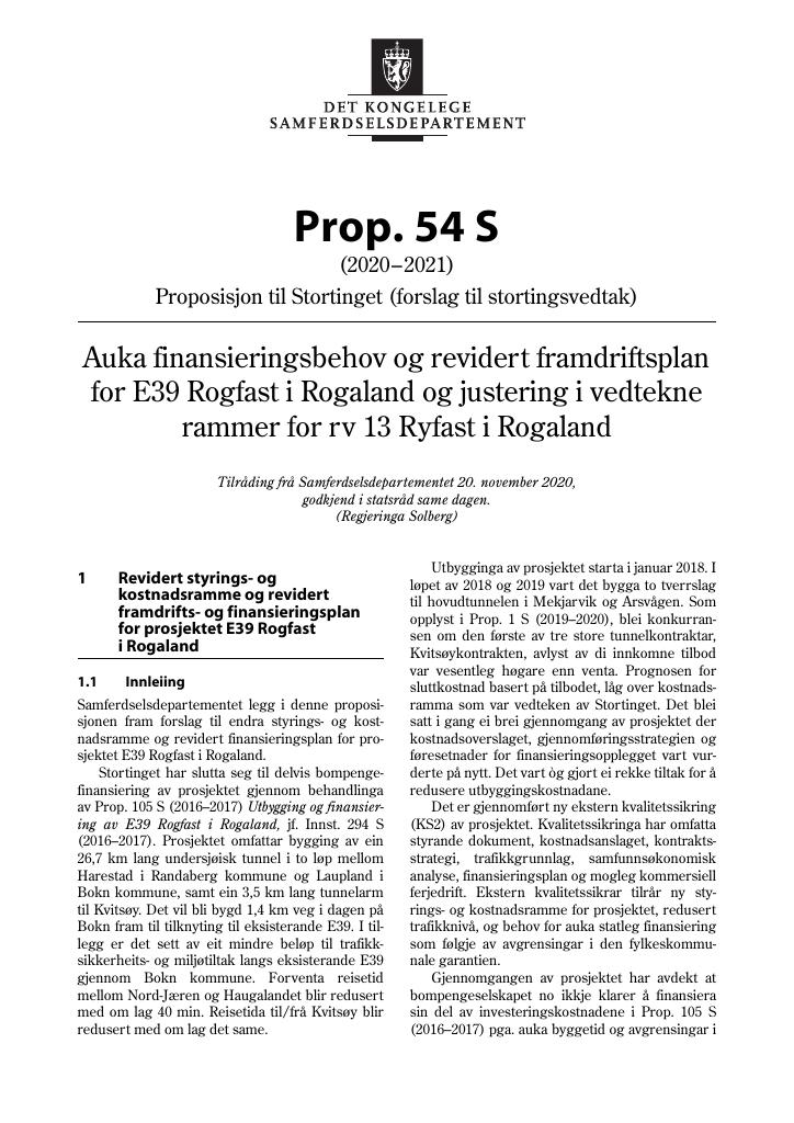 Forsiden av dokumentet Prop. 54 S (2020–2021)