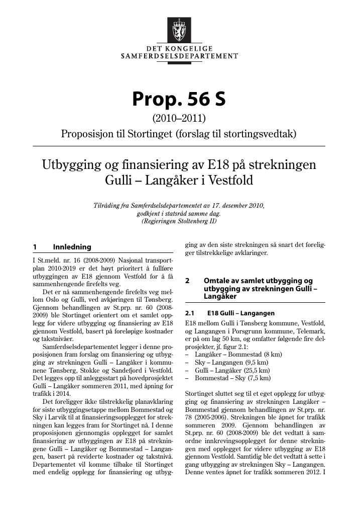 Forsiden av dokumentet Prop. 56 S (2010–2011)