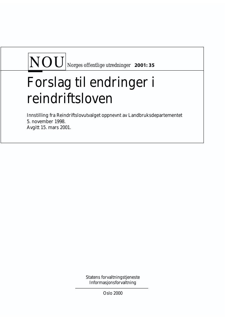 Forsiden av dokumentet NOU 2001: 35 - Boazodoalloláhkalávdegotti evttohus