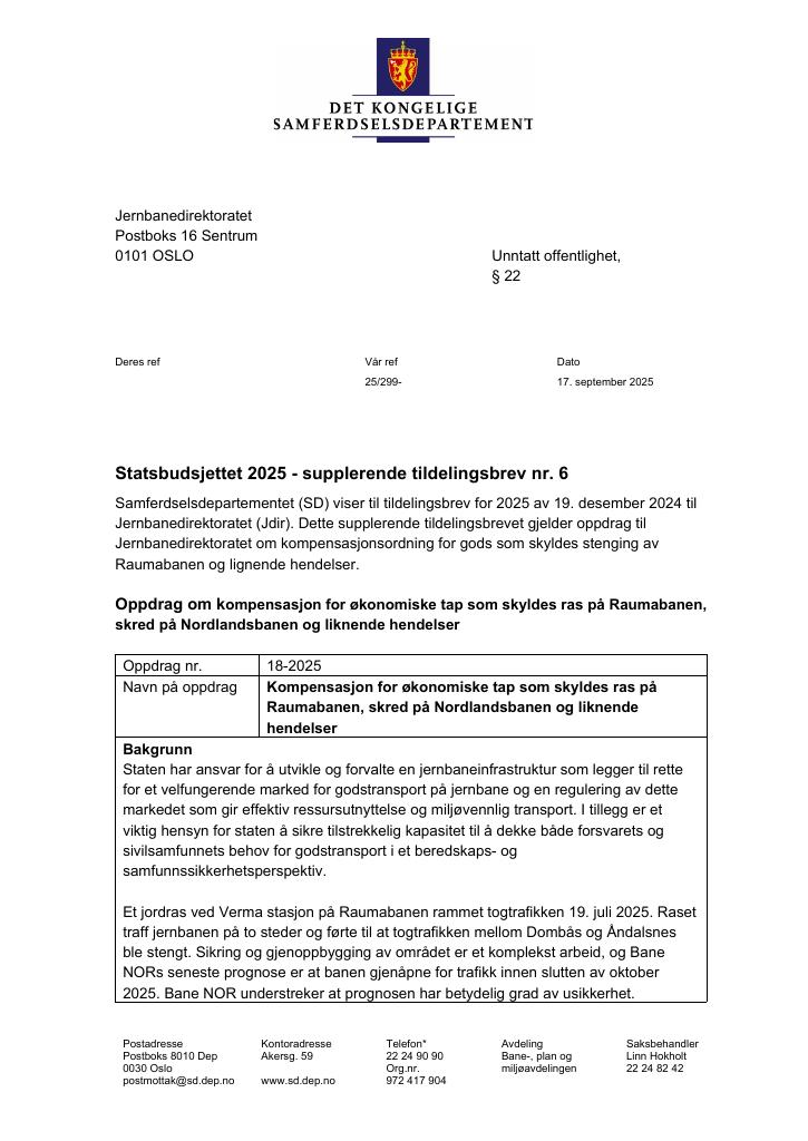 Forsiden av dokumentet Tildelingsbrev Jernbanedirektoratet 2025 - tillegg nr. 6