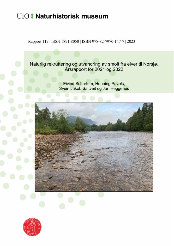 Forsiden av dokumentet Naturlig rekruttering og utvandring av smolt fra elver til Norsjø. Årsrapport for 2021 og 2022