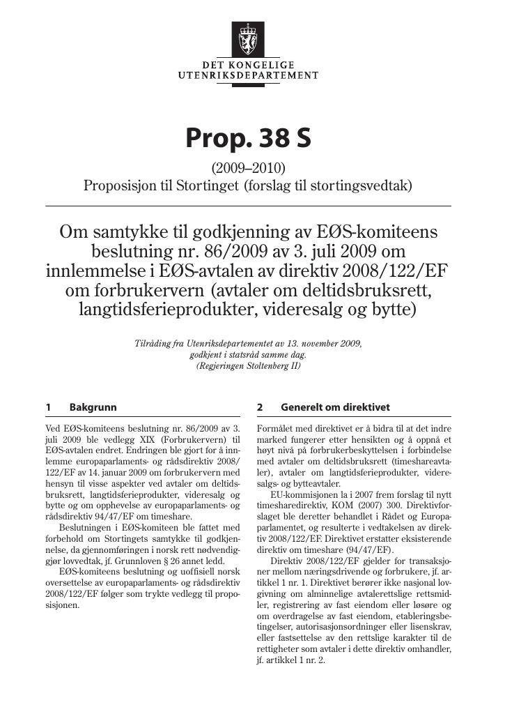Forsiden av dokumentet Prop. 38 S (2009-2010)