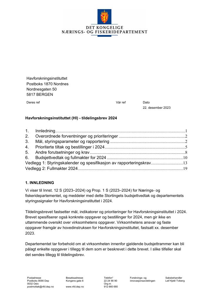 Forsiden av dokumentet Tildelingsbrev Havforskningsinstituttet 2024