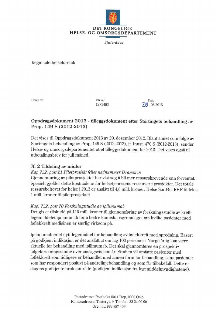 Forsiden av dokumentet Oppdragsdokument 2013 - tilleggsdokument etter Stortingets behandling
