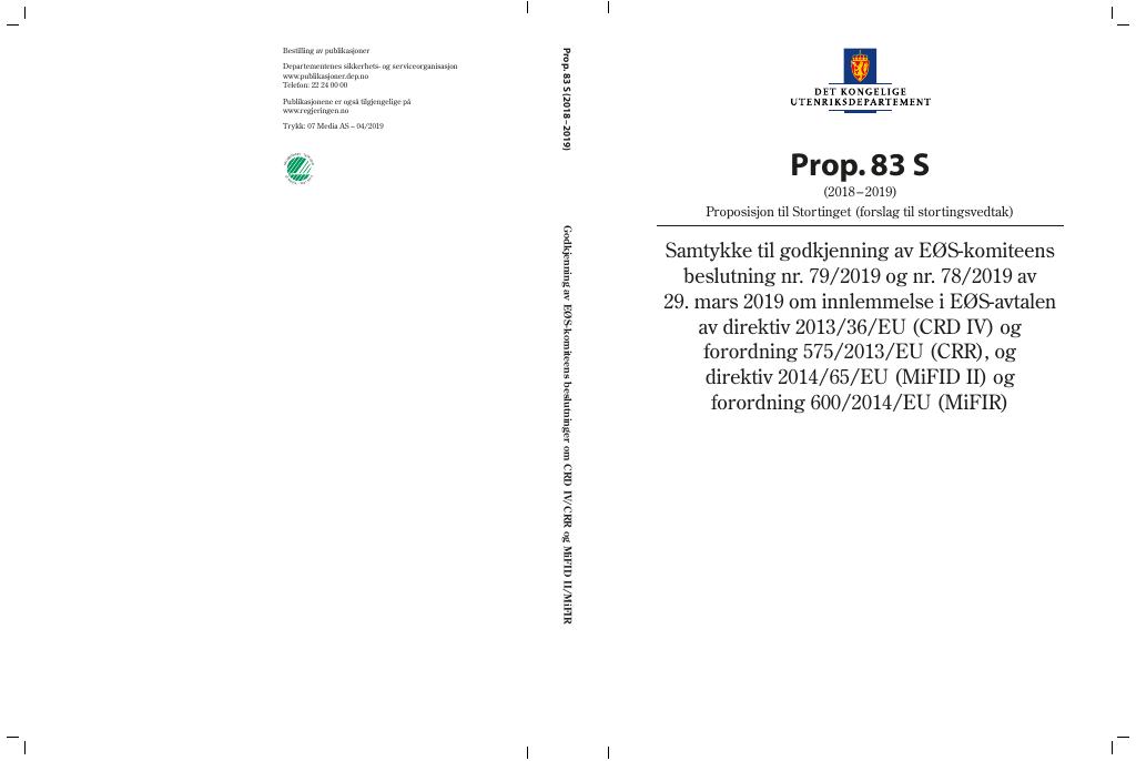 Forsiden av dokumentet Prop. 83 S (2018–2019)