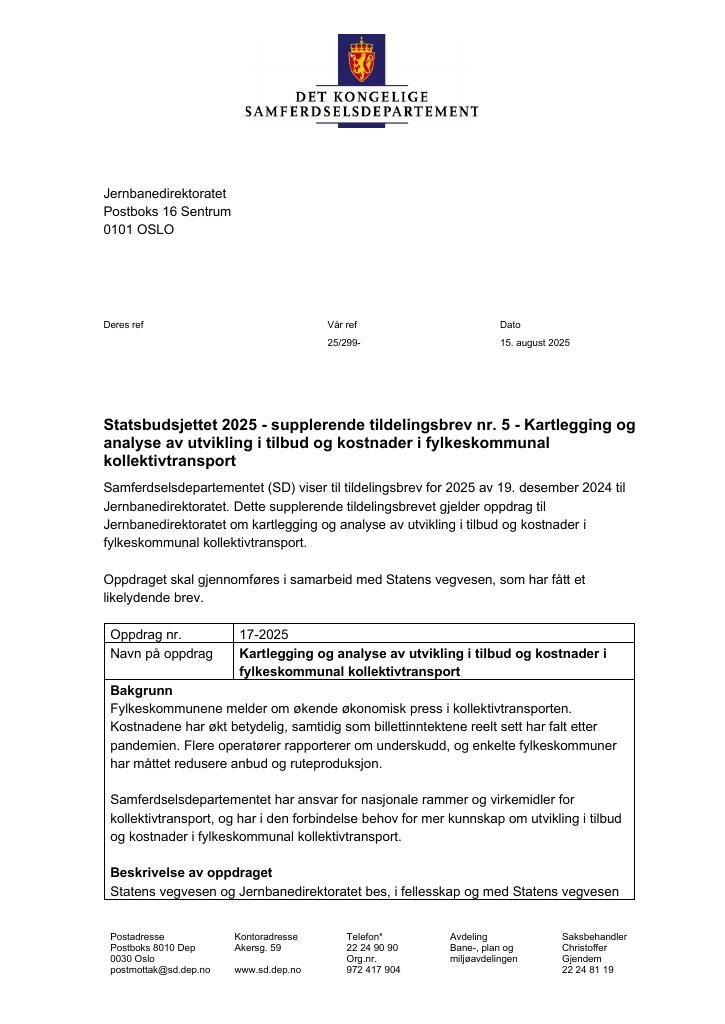 Forsiden av dokumentet Tildelingsbrev Jernbanedirektoratet 2025 - tillegg nr. 5