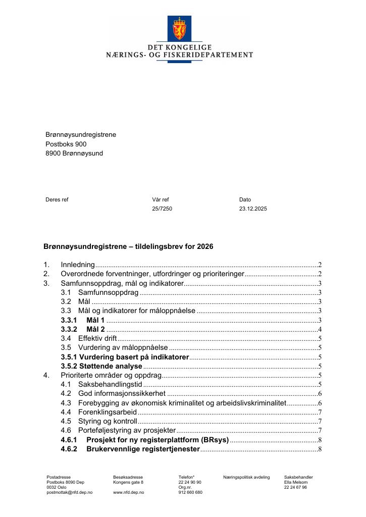 Forsiden av dokumentet Tildelingsbrev Brønnøysundregistrene 2026
