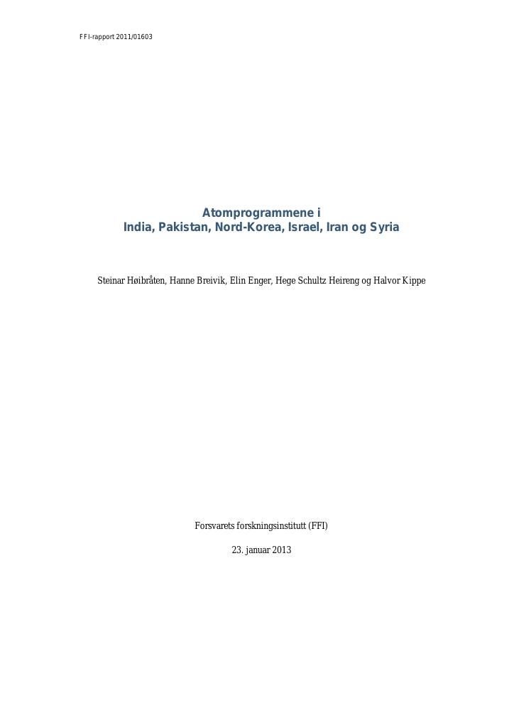 Forsiden av dokumentet Atomprogrammene i India, Pakistan, Nord-Korea, Israel, Iran og Syria