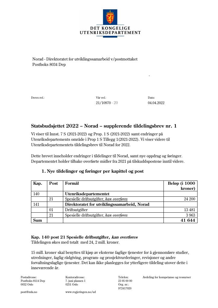 Forsiden av dokumentet Tildelingsbrev NORAD 2022 - tillegg nr. 1
