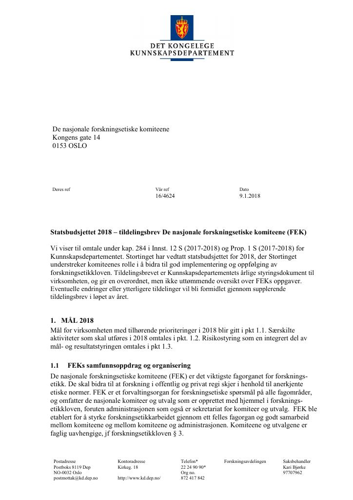 Forsiden av dokumentet Tildelingsbrev De nasjonale forskningsetiske komiteene (FEK) 2018