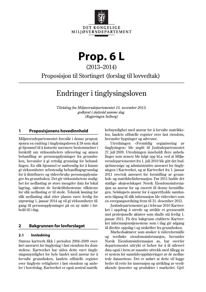 Forsiden av dokumentet Prop. 6 L (2013–2014)