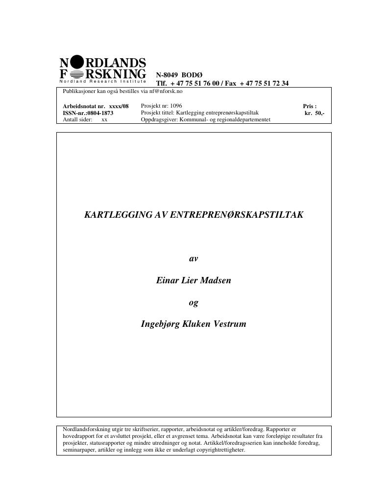 Forsiden av dokumentet Kartlegging av entreprenørskapstiltak