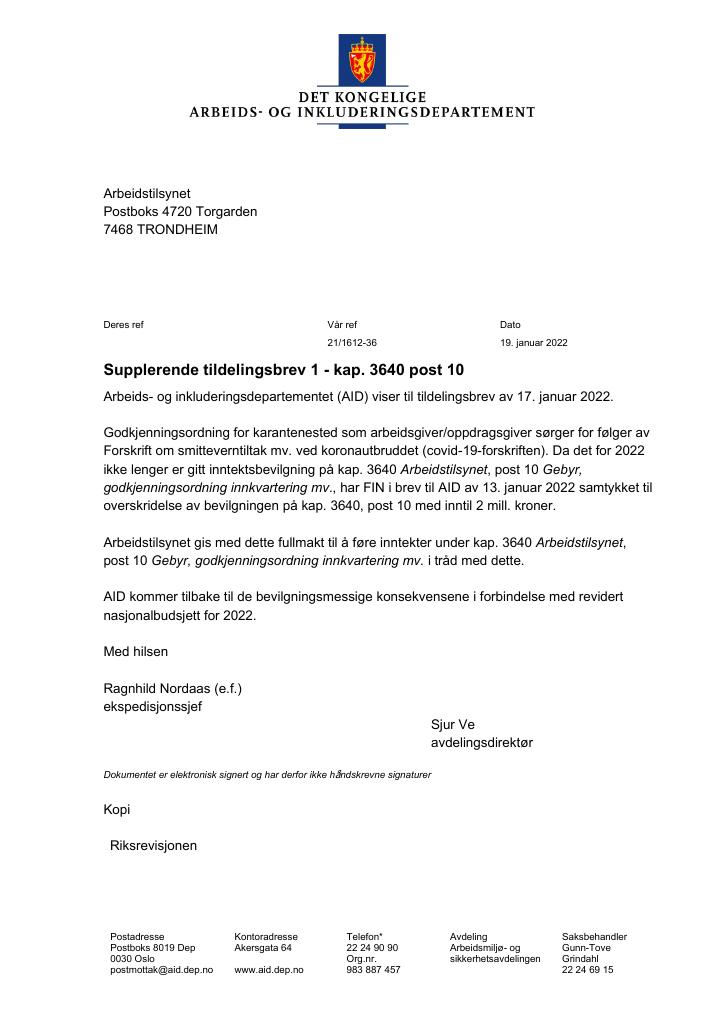 Forsiden av dokumentet Tildelingsbrev Arbeidstilsynet 2022 - tillegg nr. 1 til nr. 3