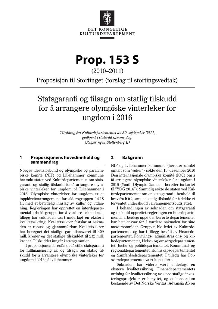Forsiden av dokumentet Prop. 153 S (2010–2011)