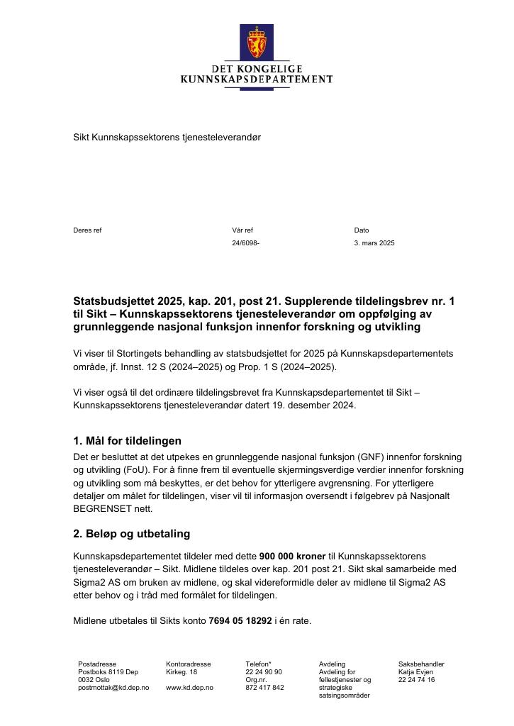 Forsiden av dokumentet Tildelingsbrev Kunnskapssektorens tjenesteleverandør - Sikt 2025 - tilleggsbrev nr. 1.